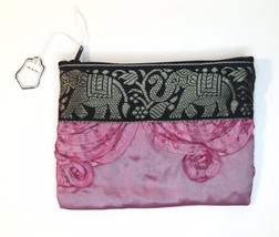 Thai Silk Elephant Change Purse Pouch 5.5&quot; x 4&quot; Pink and Black Zipper Closure - £6.36 GBP