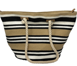 Tan, White, Black Striped Straw Tote Lined Zip  Rope Straps 18&quot;W x 12&quot;H x9.5&quot;D - £11.36 GBP
