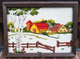 Rare Vintage Framed Needlepoint Farm Scene Folk Art-Barn Sunset Fence Gate Tree - $93.49