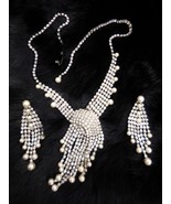 Vintage Rhinestone &amp; Pearl Crossover Cascade Necklace Earrings Set - $137.75