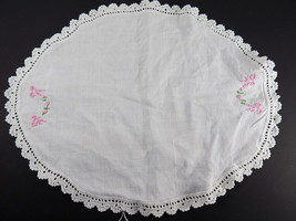 Vintage HANDMADE White Cotton Oval Doily 12&quot; Wide Hand Sewn Pink Bows &amp; ... - $6.23