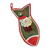 Cat Christmas Stocking Fish Shaped Felt Pet Kitty In Santa Hat &amp; Bowtie 17.5&quot; - £11.00 GBP