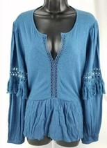 Lucky Brand Womens V-Neck Style Blue Long Flowing Sleeves T-Shirt Top La... - $29.42