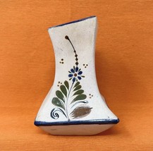 Tonala Mexican Pottery Vase Asymmetrical Folk Art Blue Brown Flower Signed 6.5”H - £23.20 GBP
