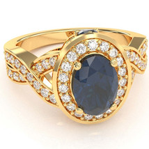 Three Stone Lab-Created Sapphire Diamond Halo Engagement Ring In 14k Yellow Gold - £648.75 GBP