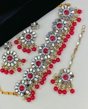 Heavy Mirror Work Red Beads Jewelry Set Earrings Tikka Necklace Meena Pearls - £26.78 GBP