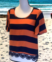 Rue 21 Womens Stripe Blouse Top Size XS Short Sleeve Lace Hem Navy Blue Orange - £10.06 GBP