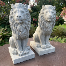 Cement Lion Garden Statue Pair 13.5” Outdoor Stone Sculpture Decor Concrete Yard - $198.99
