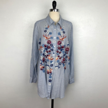 Style &amp; Co Womens Embroidered Shirt 0X Cotton Blue White Stripe Floral R... - $19.75