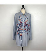 Style & Co Womens Embroidered Shirt 0X Cotton Blue White Stripe Floral Roll Cuff - $19.75