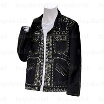 New Women Black Silver Studded Punk Unique Button Suede Biker Leather Ja... - £235.98 GBP