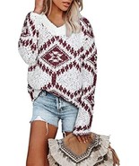 Dokotoo Women&#39;s Long Sleeve V Neck Loose Knit Aztec Pullover Sweater - S... - £12.91 GBP
