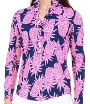 NWT G LIFESTYLE Pineapple Grove Navy Pink Double Ruffle Long Sleeve Shirt S & M image 2
