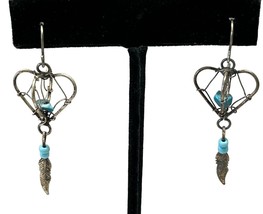 Heart Feather Earrings Dangle Drop Silver Toned with Beads 1.5 Inch Long - £11.84 GBP