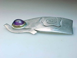 MODERNIST LOOK HANDCRAFTED STERLING BROOCH Pin PENDANT with Amethyst  - £298.87 GBP