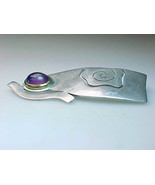 MODERNIST LOOK HANDCRAFTED STERLING BROOCH Pin PENDANT with Amethyst  - £299.06 GBP