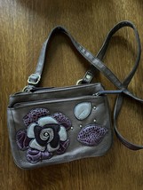 Relic Bronze Faux Leather w Pebbled Cranberry &amp; Brown Flower Small Shoulder Bag - $11.83