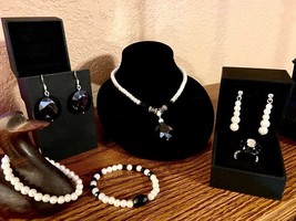 &quot;Reinvented Vintage&quot; Faceted Black and Faux Pearl Complete Set, Handcrafted - £31.45 GBP+