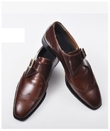 Handmade Men&#39;s Brown Leather Monk Strap Dress Shoes, Men Wing Tip Brogue... - £115.48 GBP+