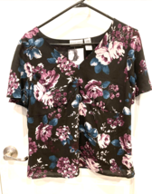 Jacklyn Smith Shirt Womens L Black Floral Flutter Sleeve Top Blouse Dres... - $7.80