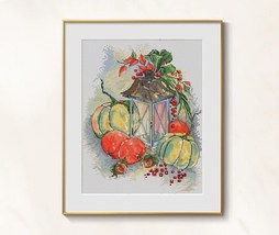 Pumpkin &amp; Lantern Autumn cross stitch pattern pdf - Pumpkin embroidery chart - £7.90 GBP