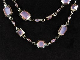 PINK CHARM LINKS Vintage NECKLACE Geometrical Lightweight Silvertone 38&quot; - $12.86