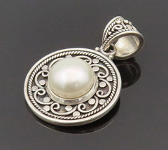 BALI 925 Silver - Vintage Swirl Flower &amp; Freshwater Pearl Pendant - PT21966 - £50.01 GBP