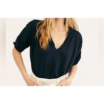 Free People Fever Dream Top Black Ruched Sleeve Boho Knit Crinkle Shirt Womens L - $29.39