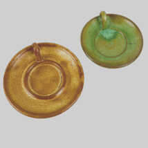 Pottery Trinket Dishes Set of 2 Brown Green Candleholder Thumb Handle Small Vtg - £11.84 GBP