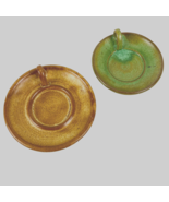 Pottery Trinket Dishes Set of 2 Brown Green Candleholder Thumb Handle Sm... - £11.76 GBP