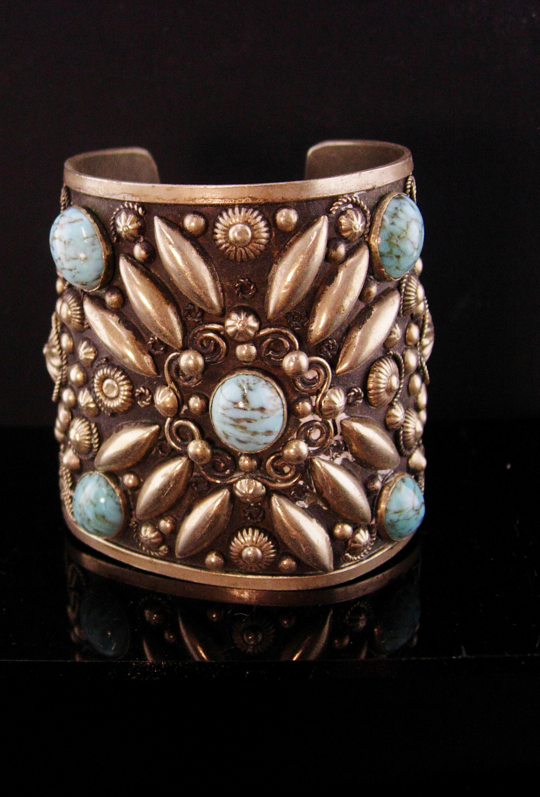 Primary image for Antique Gypsy Turquoise etruscan bracelet bangle cuff - Vintage Turquoise cabs g