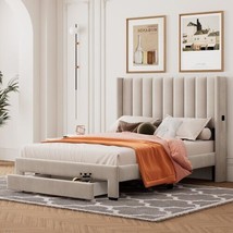 Full Size Storage Bed Velvet Upholstered Platform Bed with a Big Drawer - Beige - £202.18 GBP