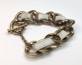 Signed Nine West Bracelet Gold Tone &amp; Off White Faux Leather Braided Link - £9.59 GBP