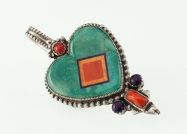 Aldrich Art Studio Turquoise, Spiny &amp; Coral Inlay Sterling Silver Pendant 15.3gr - £593.55 GBP
