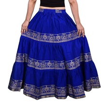 Handmade Rajasthani Ethnic Flare Women Skirt Gold Print Elastic Waist Royal Blue - £17.58 GBP