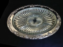 Gorham NEWPORT 16&quot; Oval Silverplate Tray w/ Divided Crystal Insert Grape... - £42.20 GBP