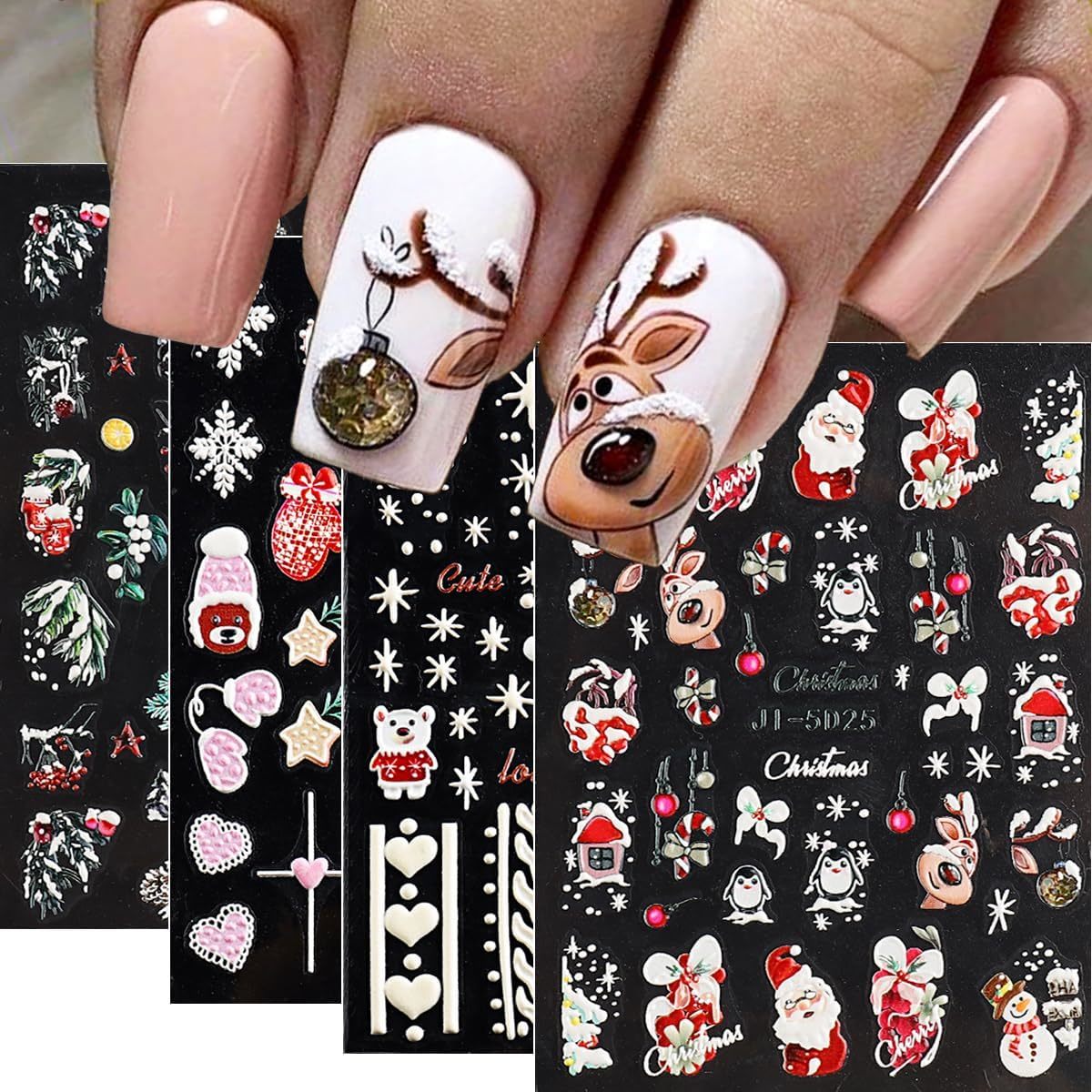 Primary image for 4 Sheets Christmas Nail Stickers 5D Cartoon Deer Bear Nail Art Stickers for Nail