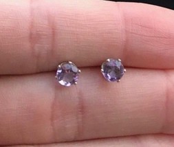 AMETHYST round-cut gemstone Stud EARRINGS in Sterling Silver - Vintage - £26.10 GBP