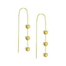 14K Solid Yellow Gold Triple Puff Heart Pull on Threader Chain Earrings - £172.66 GBP