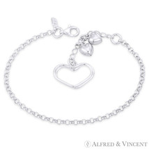 Puffed &amp; Double Open-Heart Charm &amp; Rolo Chain Bracelet Italy 925 Sterling Silver - £30.57 GBP