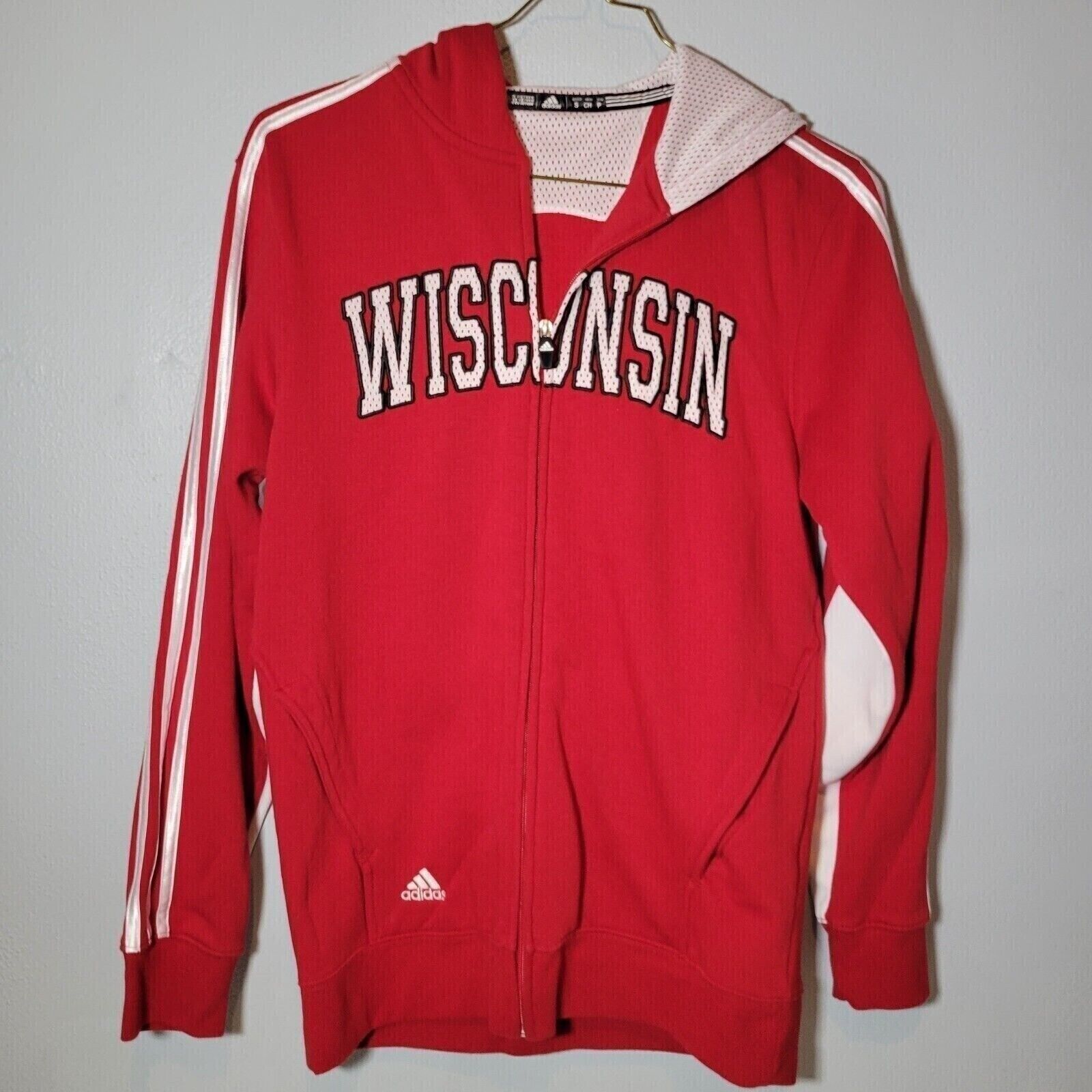 Adidas Mens Jacket Small Wisconsin Badgers Full Zip Up Hooded Red - £12.56 GBP