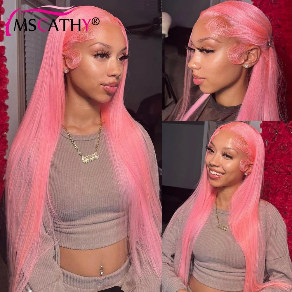 Straight Pink Colored Transparent HD Lace Front Wig Human Hair Prepluck - £96.97 GBP+