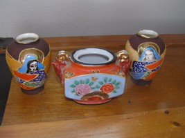 Vintage Made in Japan Mini Brown &amp; Tan w People Porcelain Vases &amp; Small Orange  - £7.58 GBP