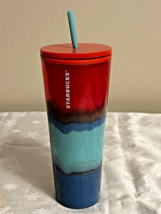  Starbucks 2021 blue red teal wave ombre plastic 24 oz tumbler summer Straw - £7.90 GBP