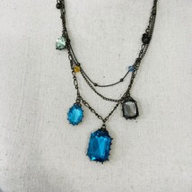 Blue Crystal Necklace 3 Strand Bead Antique Gold Tone Handmade Statement - £19.65 GBP