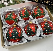 Set of 6 red with green tree Christmas glass balls, hand painted ornaments - £55.70 GBP