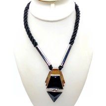 Black Retro Geometric Pendant Necklace, Vintage Chic Twist Cord with Articulated - $28.06