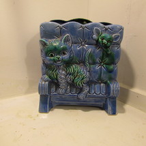 VTG Ceramic Vase/Planter BLUE Cat on Stuffed Chair/Sofa 7 x 2.5 x 5.5 JAPAN - $6.66