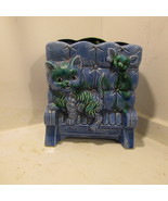 VTG Ceramic Vase/Planter BLUE Cat on Stuffed Chair/Sofa 7 x 2.5 x 5.5 JAPAN - $6.66