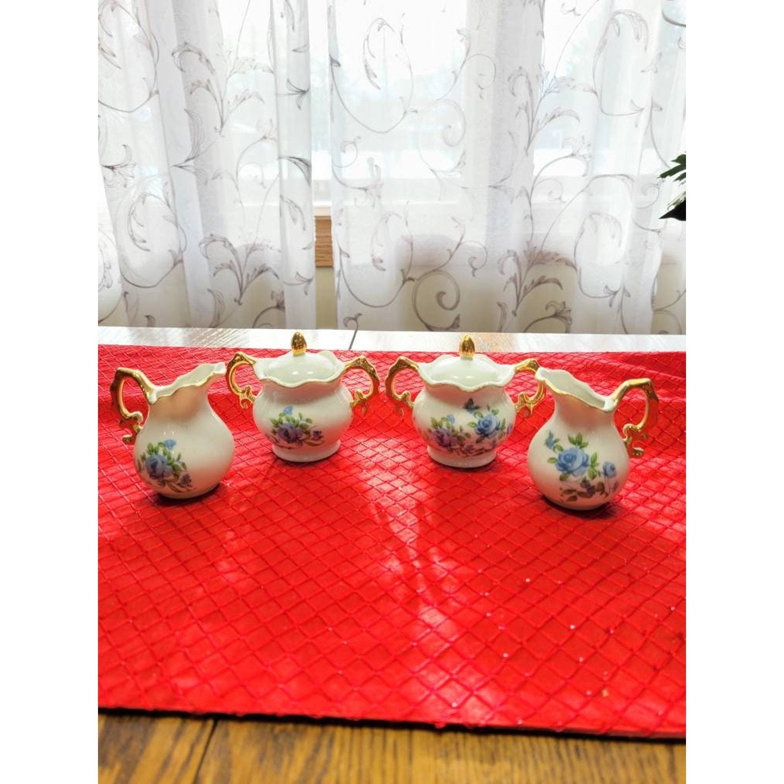 2 Vintage Sugar Creamer Sets, Blue Rose, Gold Trim Japan, Small Individual - £18.08 GBP